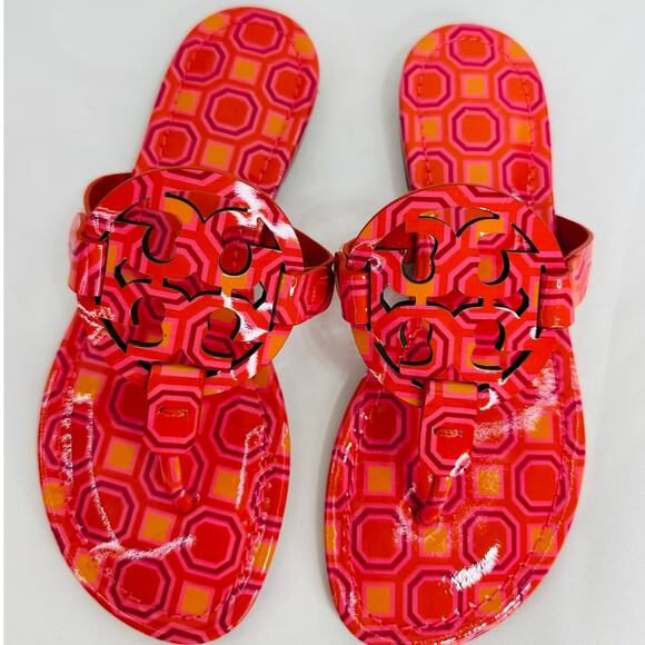 Tory Burch Miller Sandals Vivid Orange Octagon Print Square Toe Size 5.5 NWT - Picture 3 of 7